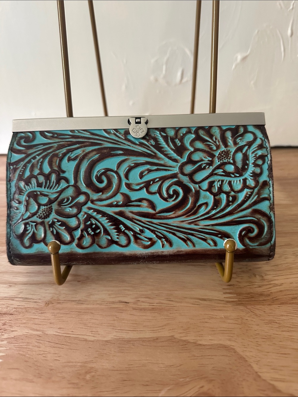 Patricia Nash Tooled Floral Turquoise Leather Clutch